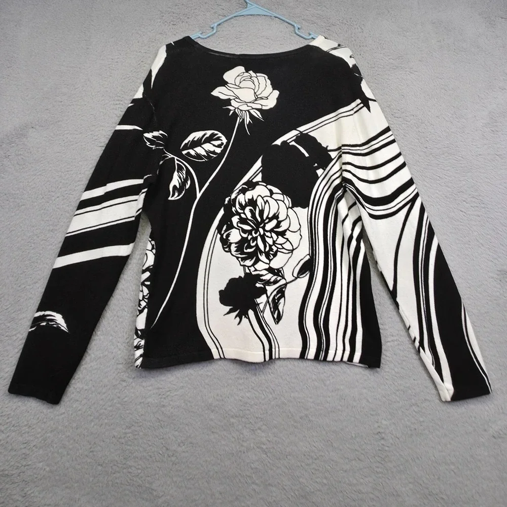 Pierri NY Sweater Womens M Black White‎ Floral Sequin Beaded Monochrome Elegant